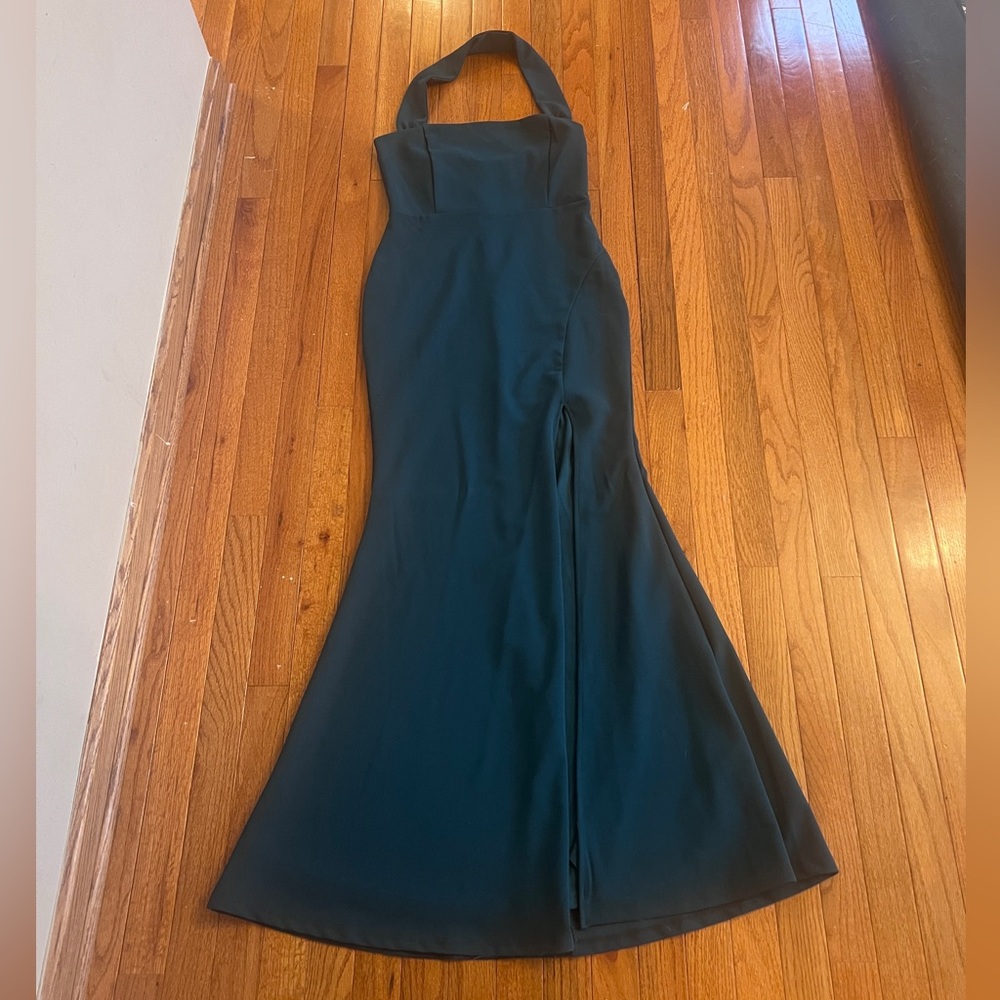 LuLus Halter Green Full Length Dress with Slit
